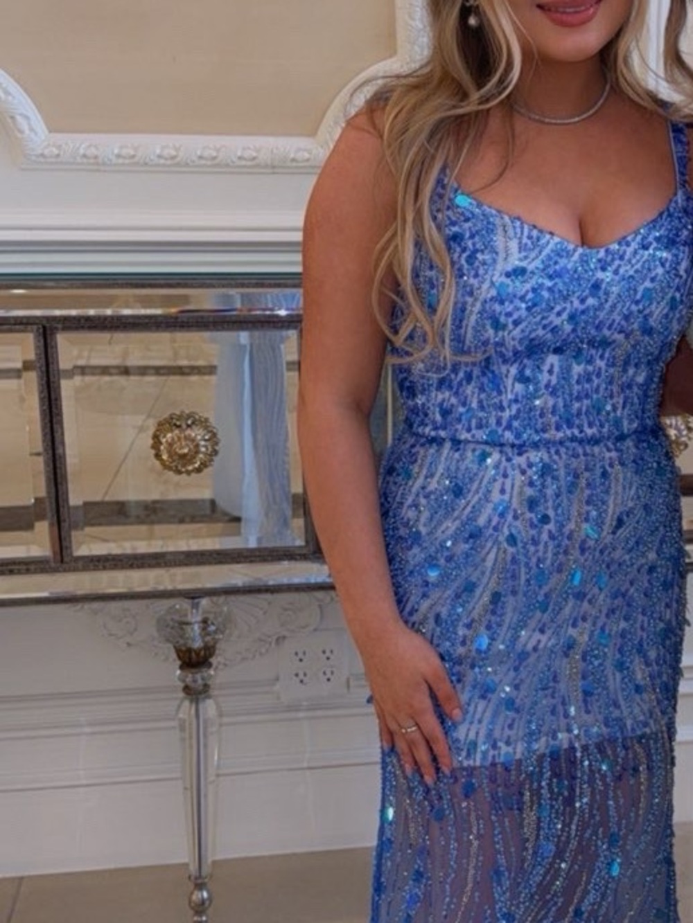 Blue custom made fully beaded dress fits a size 4-6 hemmed for 5’3